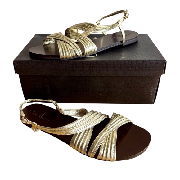 NWT Cole Haan Soft Gold Metallic Strappy Flat Cara Sandal Size 10 B - Picture 1 of 11